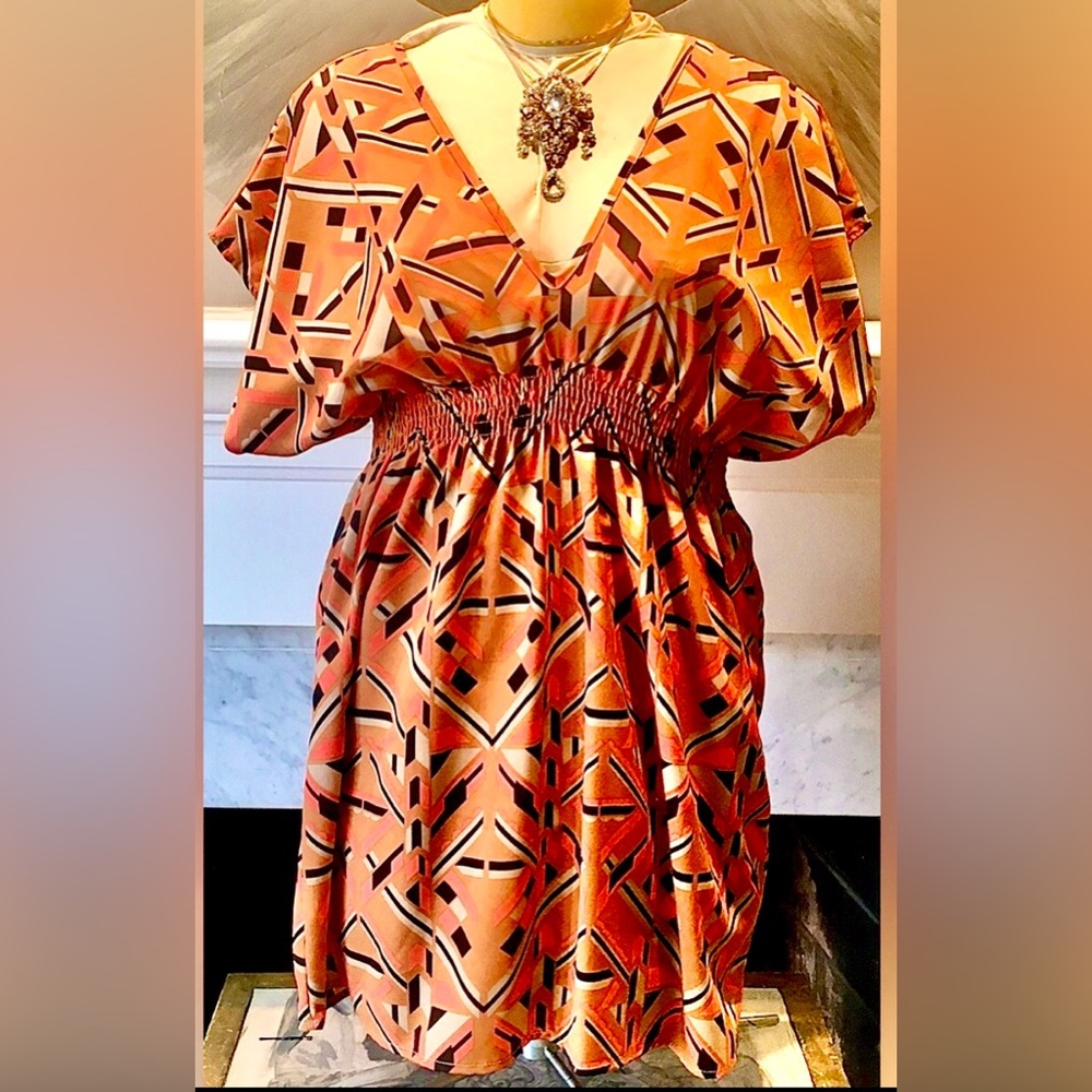 WISH Kimono orange blue mini dress Geometric pattern Smock waist Short sleeve - Picture 5 of 16